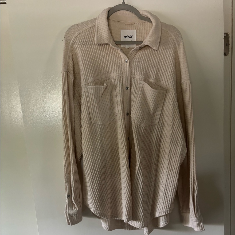 Aerie Anytime Fave Waffle Shirt Cream Sz L
